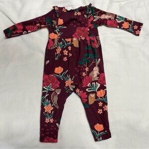 Tea Collection Floral & Woodland Animal Burgundy One-Piece Bodysuit